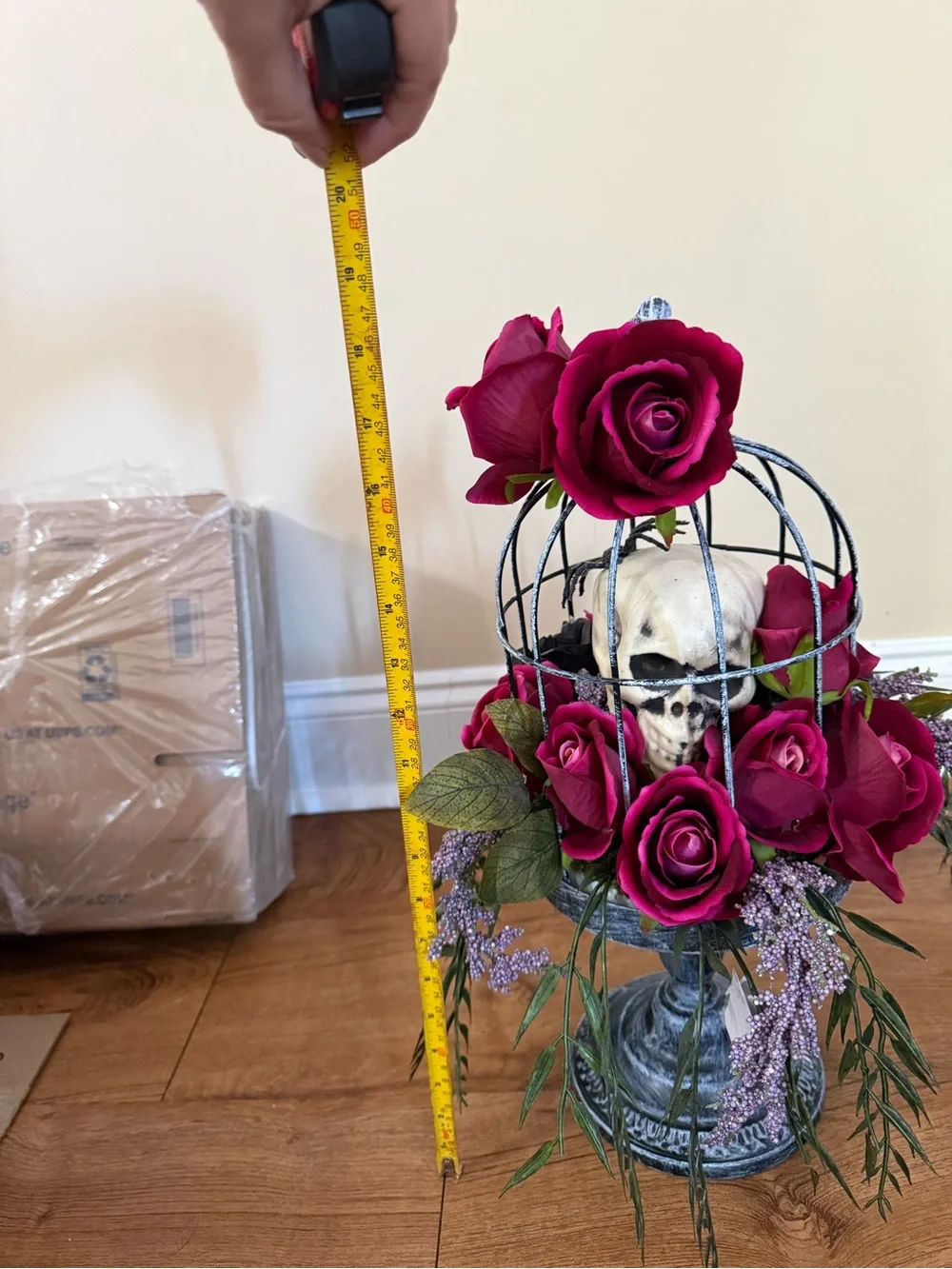 Martha Stewart 19’ Skull In Bird Cage with Dark Red Roses New With Tags